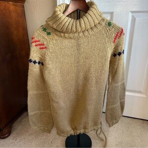 Pronto Vintage 1970s Tan Chunky Knit Turtleneck Sweater With Accents, Size M